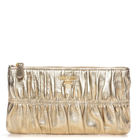 PRADA Metallic Nappa Gaufre Small Zip Pouch Platino